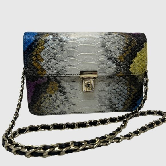 Women’s Python Embossed Crossbody Shoulder Bag w/ Chain Strap | Snake Print Flap - Picture 1 of 12